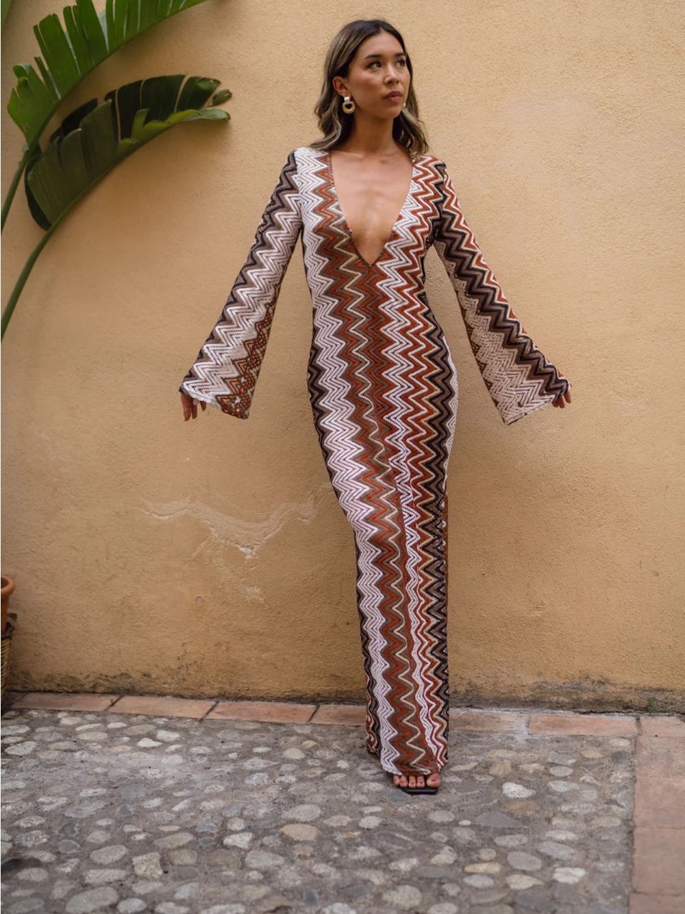12th Tribe Zigzag Maxi Dress in Brown, Cream, Black & White